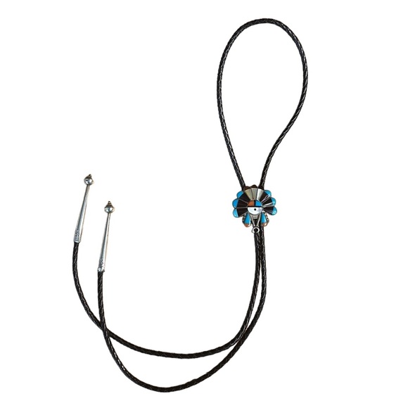 Vintage Bennett ZUNI Native American Headdress Sterling Turquoise Bolo Tie 37" - Picture 4 of 9